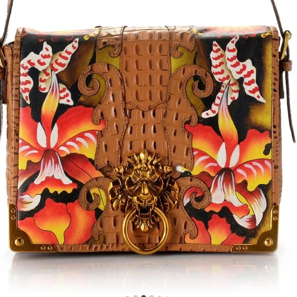 NWT - Beautiful Sharif Safari Orchid Flap-Over Crossbody with Lion's Head Detail